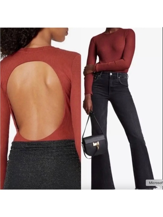 All Saints Tops - All Saints Molly LS Bodysuit Open-Back Ribbed Long-Sleeve Bodysuit in Berry Red